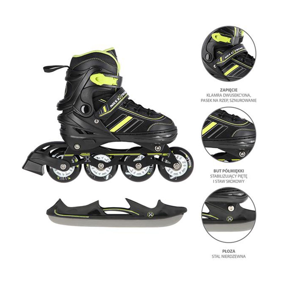 Αυξομειούμενα Rollers 2 σε 1 In-Line & Hockey Skates Small (29-33) Μαύρο/Πράσινο NH18191 Nils Extreme