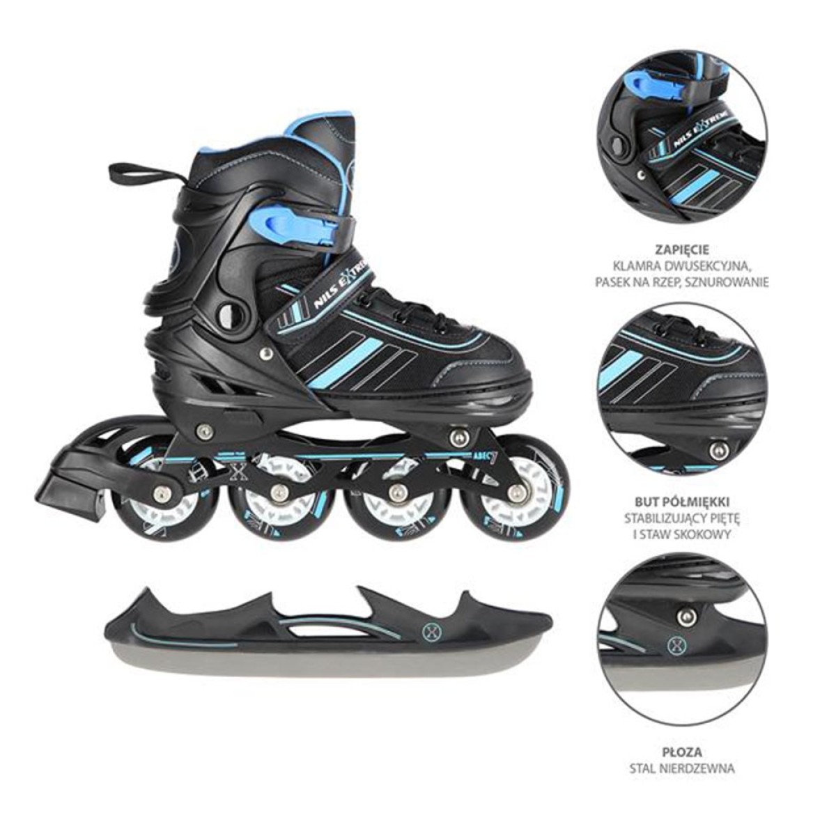 Αυξομειούμενα Rollers 2 σε 1 In-Line & Hockey Skates Medium (34-38) Μαύρο/Μπλε NH18191 Nils Extreme